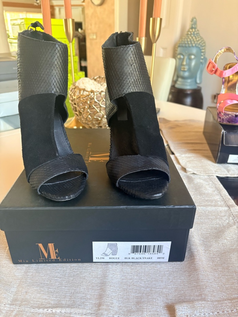 Black Open-Toe Snake-Print Ankle Boots